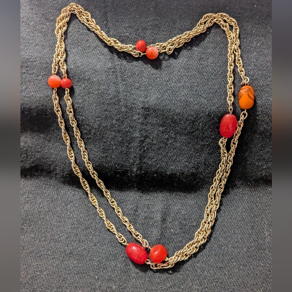 Gold Tone Red And Orange Beaded Long Statement Necklace